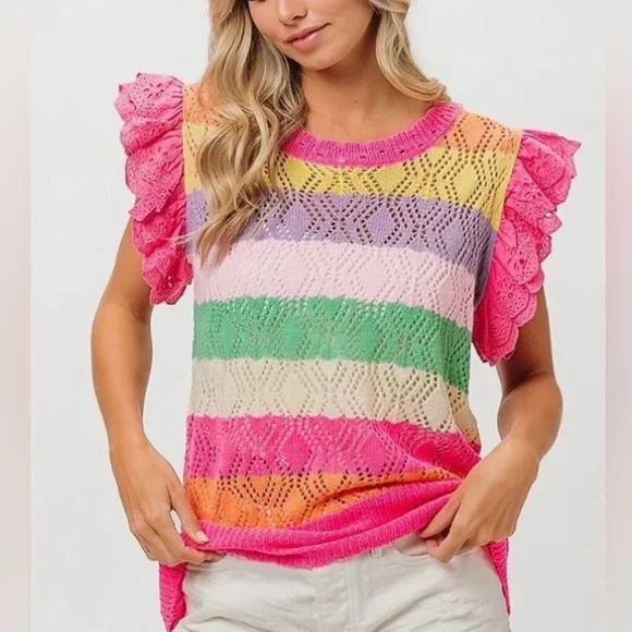 NWT BiBi Open Knit Bright Pink Purple Striped Ruffle Sleeve Easter Sweater Sz XL - Picture 2 of 7